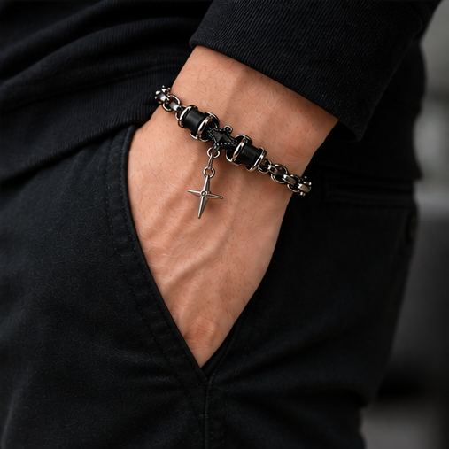 ORRAH LUXE Men’s Adjustable Black & Silver Chain Bracelet with Star Charm