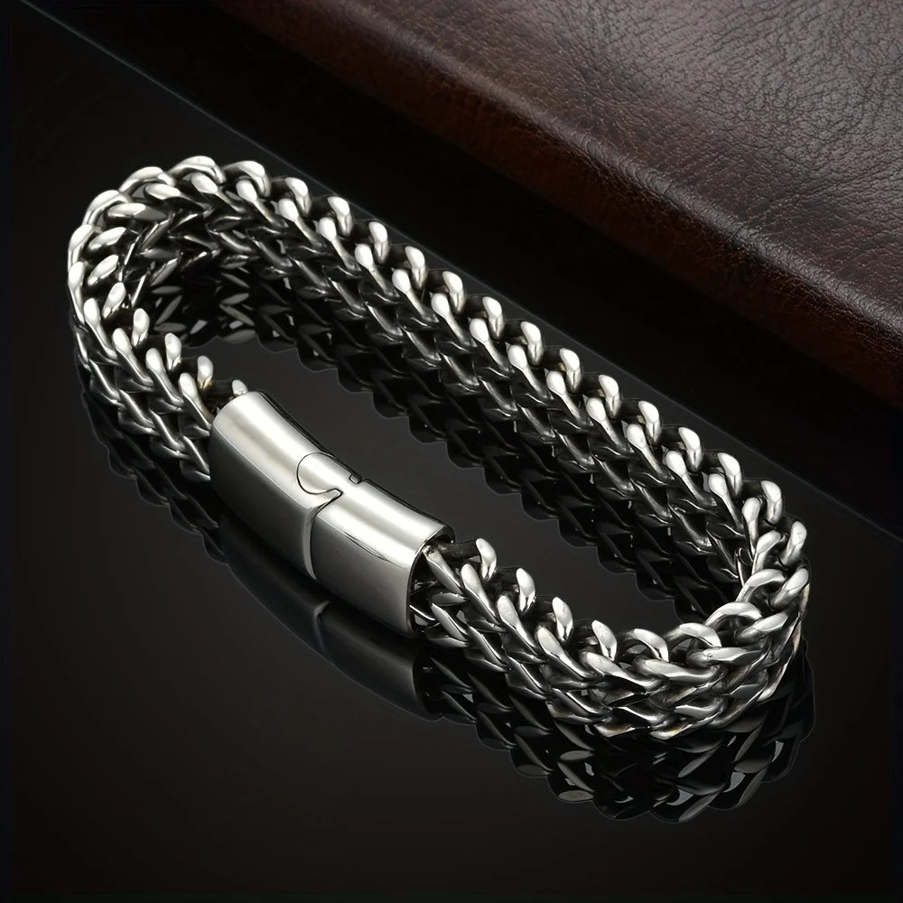 Royal Ice Heavy Punk Double Curb Cuban Chain Bracelet Premium Silver-Tone Braided Statement Bracelet for Men