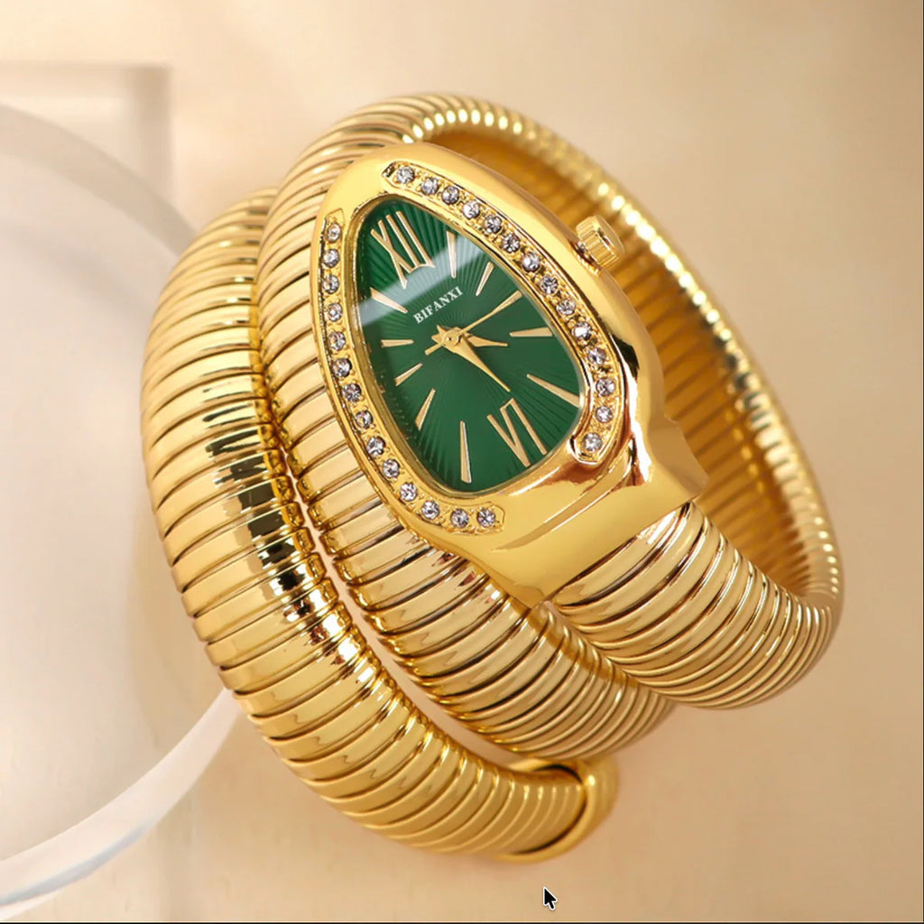 ORRAH LUXE Emerald Royale Green Dial Bracelet Watch | Gold-Tone Crystal-Studded Luxury Fashion Watch for Women