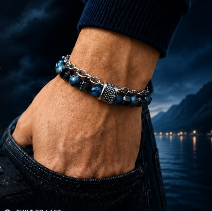 Royal Blue & Black Beaded Chain Bracelet for Men Premium Silver-Tone Statement Bracelet