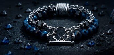 Royal Blue & Black Beaded Chain Bracelet for Men Premium Silver-Tone Statement Bracelet