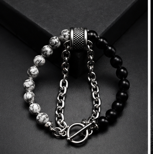 ORRAH LUXE Men’s Black & White Beaded Chain Bracelet with Textured Silver Charm