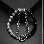 ORRAH LUXE Men’s Black & White Beaded Chain Bracelet with Textured Silver Charm
