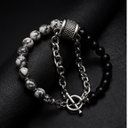 ORRAH LUXE Men’s Black & White Beaded Chain Bracelet with Textured Silver Charm