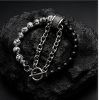 ORRAH LUXE Men’s Black & White Beaded Chain Bracelet with Textured Silver Charm