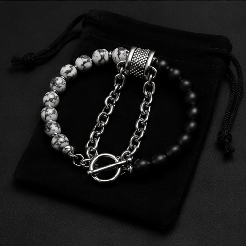 ORRAH LUXE Men’s Black & White Beaded Chain Bracelet with Textured Silver Charm