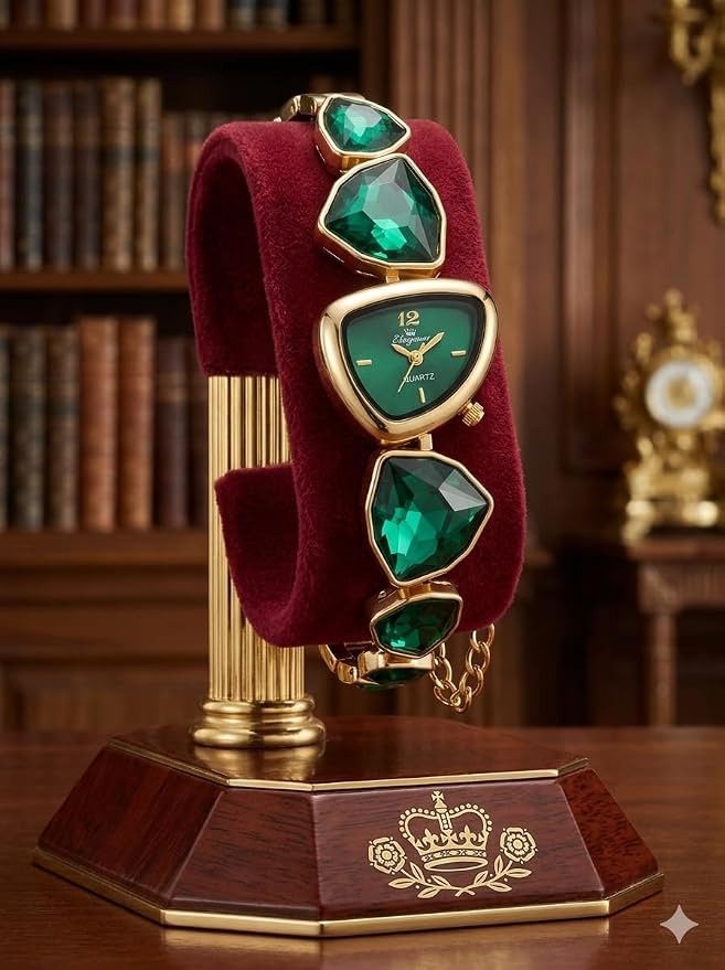 Emerald Royale Heart Watch | Green Crystal Bracelet Fashion Watch with Gold-Tone Finish