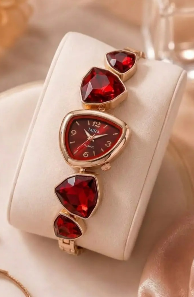 Ruby Royale Heart Watch Stylish Red Stone Bracelet Luxury Watch