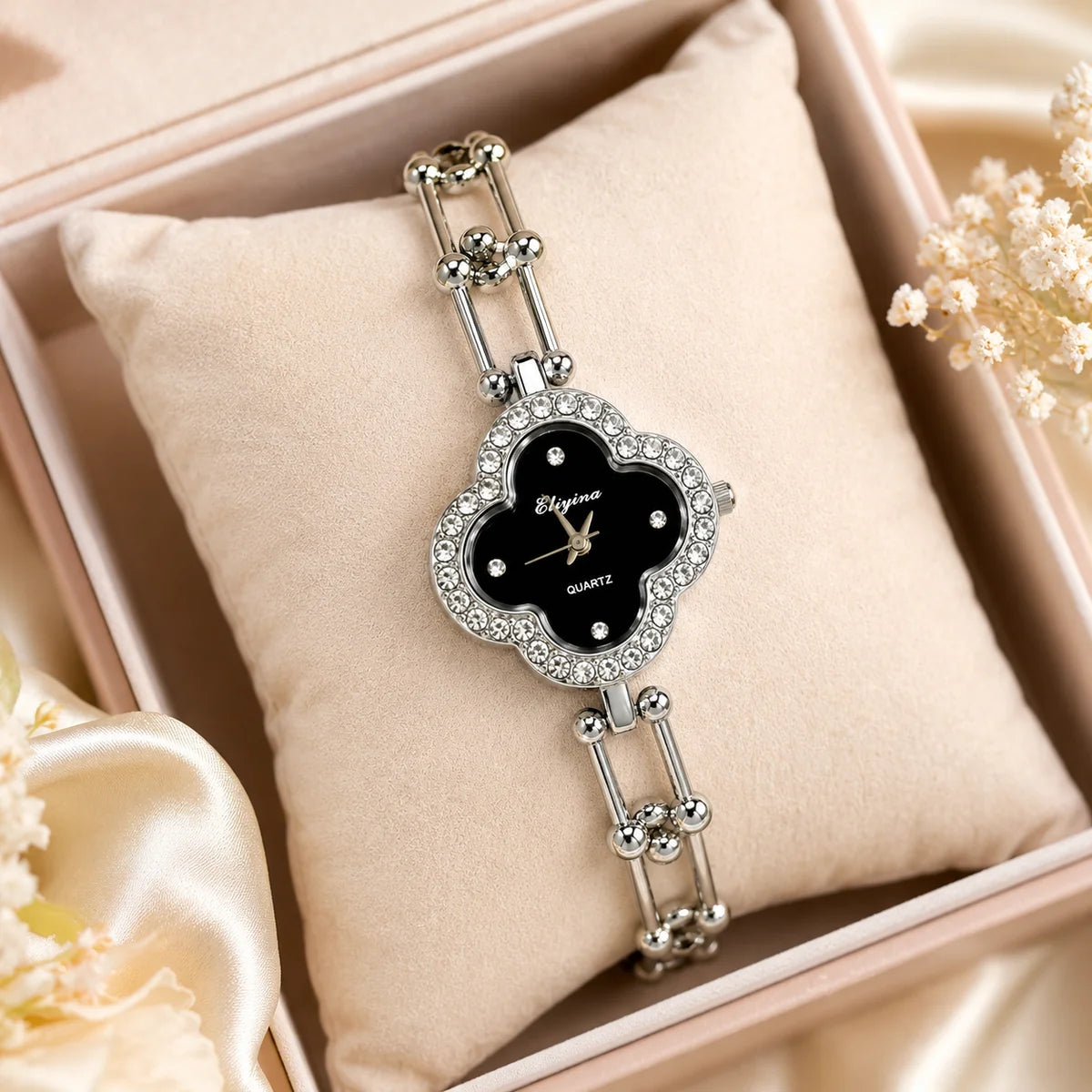 ORRAH LUXE Women’s Black Clover Quartz Watch with Crystal Bracelet
