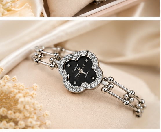 ORRAH LUXE Women’s Black Clover Quartz Watch with Crystal Bracelet