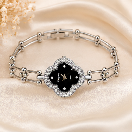 ORRAH LUXE Women’s Black Clover Quartz Watch with Crystal Bracelet