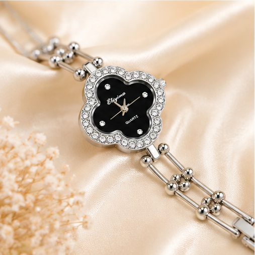 ORRAH LUXE Women’s Black Clover Quartz Watch with Crystal Bracelet