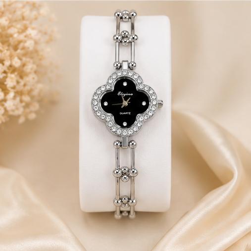 ORRAH LUXE Women’s Black Clover Quartz Watch with Crystal Bracelet